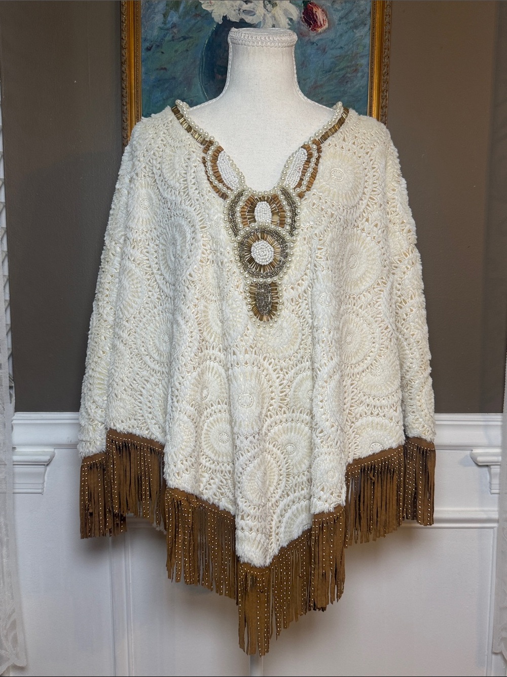 Casting Made in France Faux Fur Poncho Beaded Fringe Boho Western L